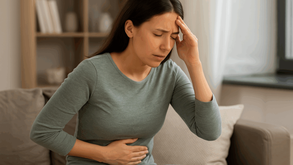 Mulher sentada em um sofá, com expressão de dor e as mãos na barriga e testa, ilustrando efeitos colaterais do uso de Sibutran para emagrecer.
