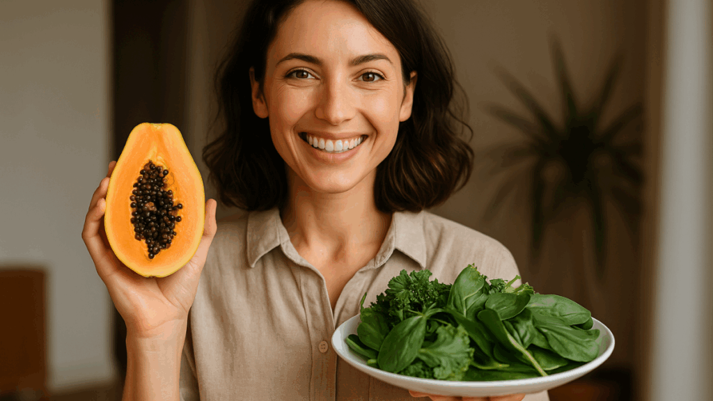 Mulher sorridente segurando mamão e prato com folhas verdes, representando alimentação rica em fibras