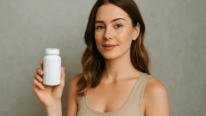 Jovem mulher segurando um frasco branco de suplemento, representando o uso de Sibutran para emagrecer com orientação médica.