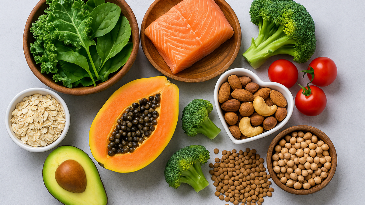 Foto de alimentos saudáveis ricos em fibras como mamão, aveia, salmão, vegetais verdes, brócolis e castanhas sobre superfície neutra