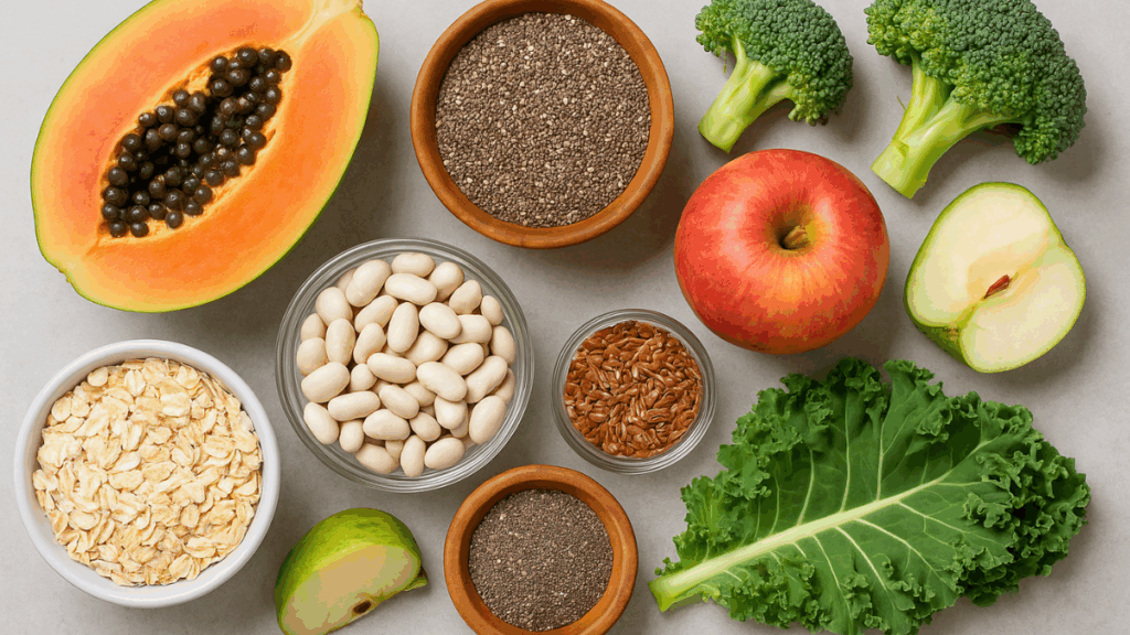 Alimentos integrais como mamão, brócolis, maçã, aveia, chia, linhaça e feijão branco dispostos sobre superfície neutra