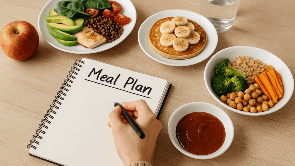 Caderno com "Meal Plan" escrito, pratos com salada de lentilha, panqueca com banana e tigela de grão-de-bico, brócolis e quinoa sobre mesa clara
