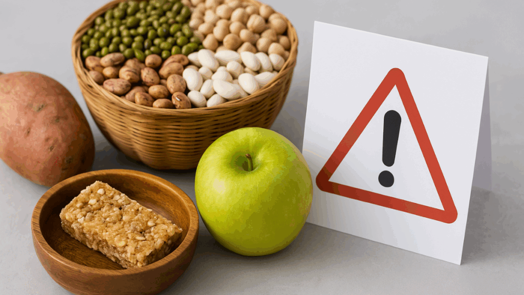 Alimentos saudáveis como grãos, batata-doce e maçã verde ao lado de um aviso de alerta com ponto de exclamação