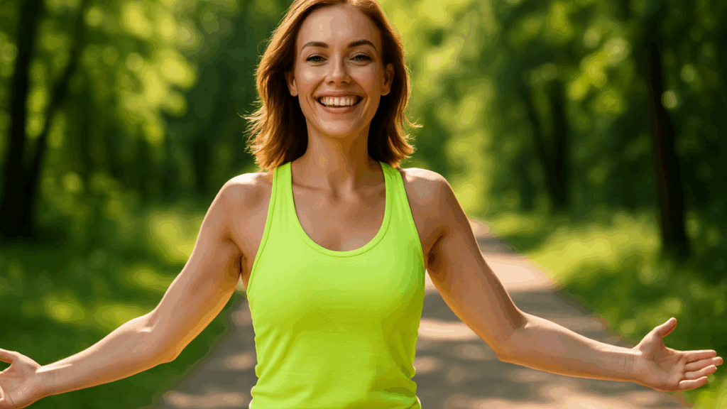 Mulher sorridente em trilha arborizada usando roupa esportiva, simbolizando bem-estar e sucesso após emagrecimento com Sibutran.