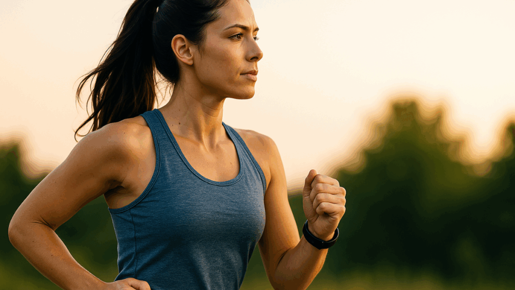 Mulher praticando corrida leve ao ar livre ao entardecer, durante o jejum intermitente.