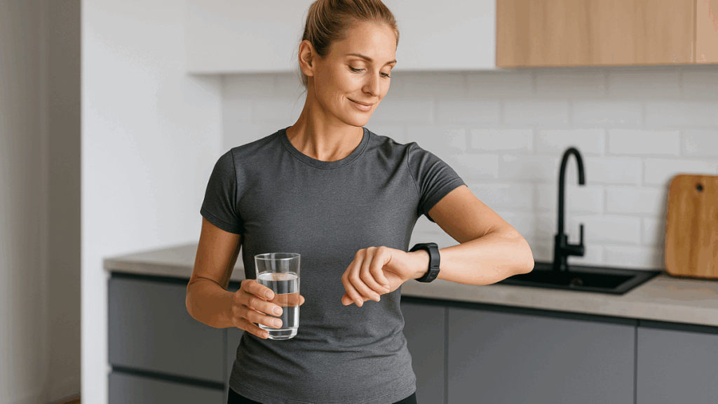 Mulher saudável conferindo o relógio enquanto bebe água durante o jejum intermitente.