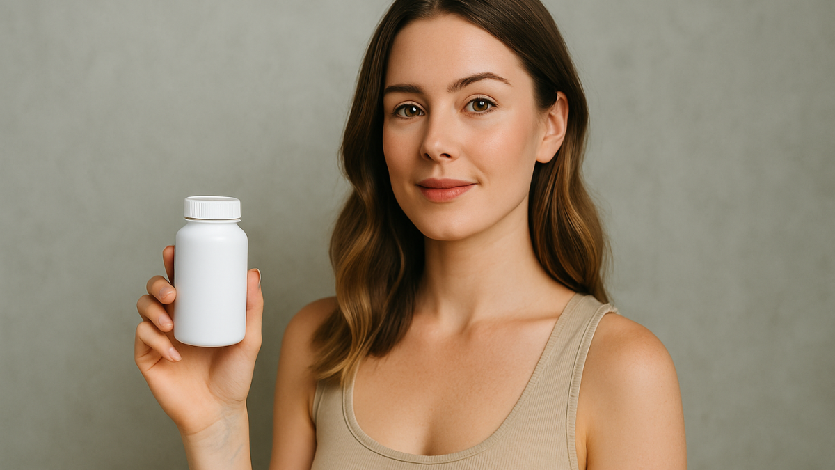 Jovem mulher segurando um frasco branco de suplemento, representando o uso de Sibutran para emagrecer com orientação médica.