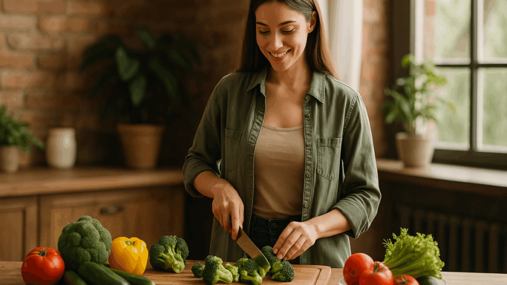 Mulher jovem preparando vegetais frescos em uma cozinha rústica, representando o preparo consciente no emagrecimento ecológico.