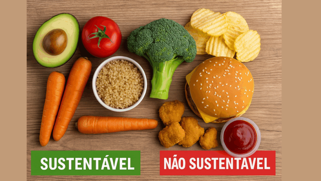 Comparação entre alimentos sustentáveis como vegetais e quinoa, e não sustentáveis como hambúrguer, batata frita e nuggets.
