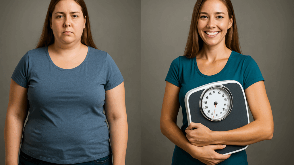 Transformação de uma mulher antes e depois do emagrecimento ecológico, mostrando seu progresso com saúde e felicidade.