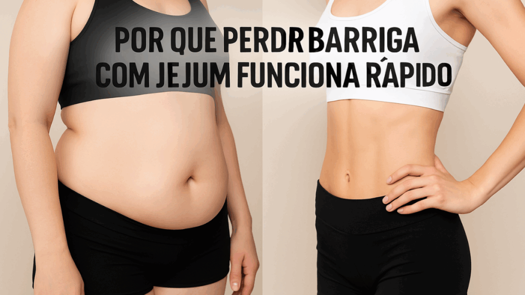 Antes e depois de mulher mostrando perda de gordura abdominal com jejum intermitente.