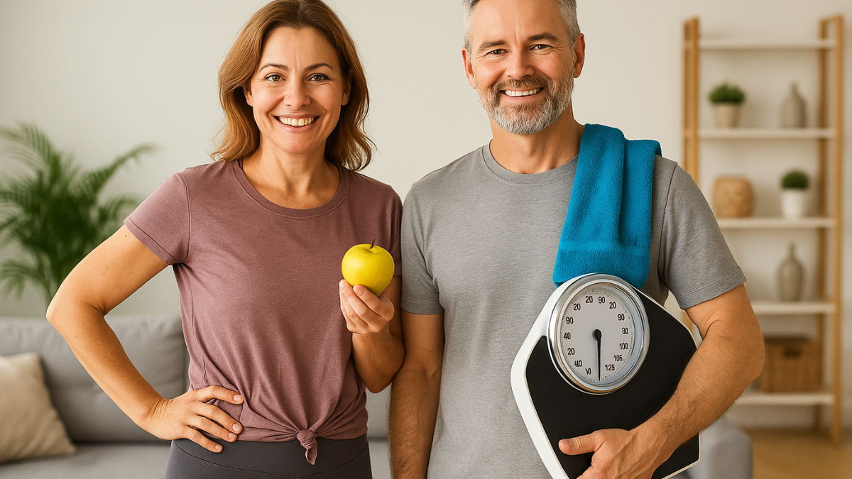 Casal de meia-idade sorrindo em casa com balança e maçã, representando saúde e emagrecimento depois dos 40