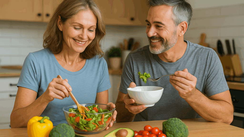 Casal preparando salada com legumes frescos em cozinha iluminada, representando alimentação saudável após os 40