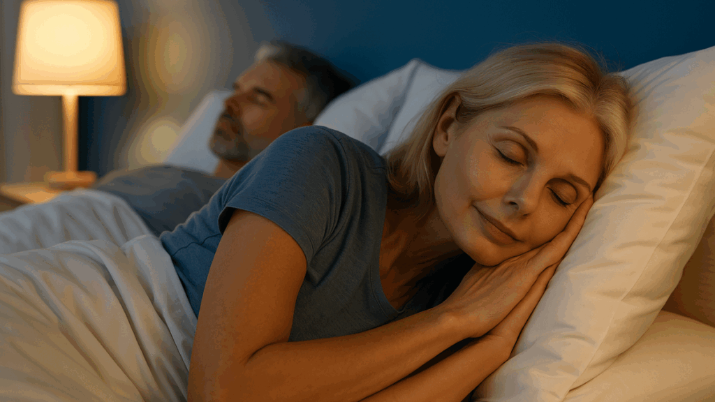 Mulher de meia-idade dormindo tranquilamente ao lado do parceiro, simbolizando a importância do sono no emagrecimento após os 40