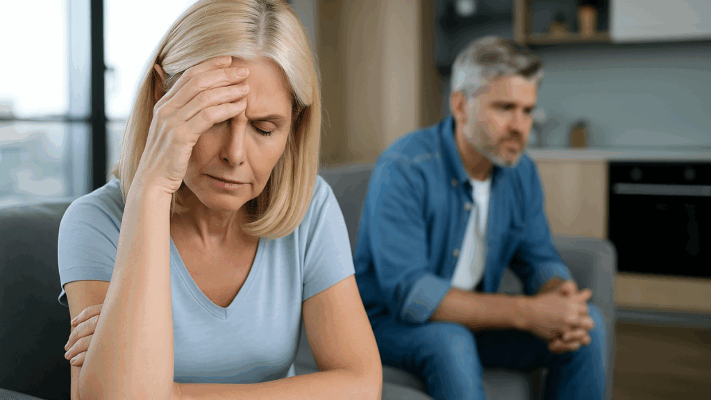 Mulher de meia-idade com expressão de frustração e cansaço sentada no sofá, representando os obstáculos emocionais no emagrecimento após os 40