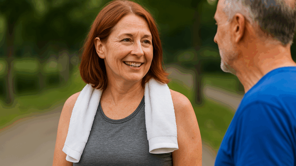 Mulher de meia-idade sorrindo ao ar livre após atividade física, conversando com parceiro durante caminhada