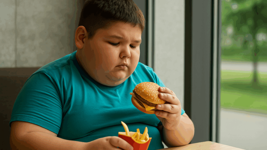 Criança com sobrepeso segurando hambúrguer e batata frita