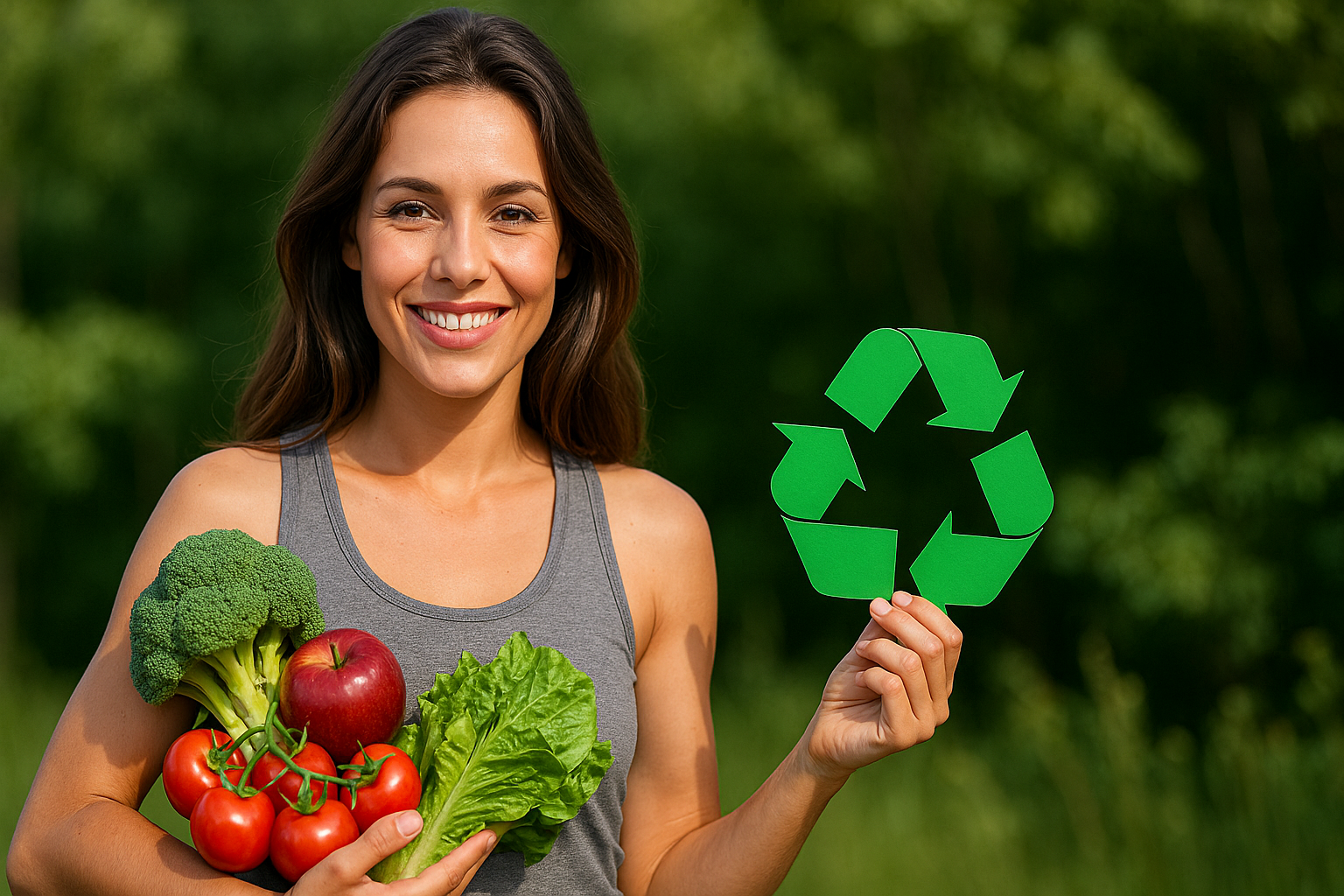 Mulher sorridente segurando vegetais frescos e símbolo de reciclagem, representando o conceito de emagrecimento ecológico.