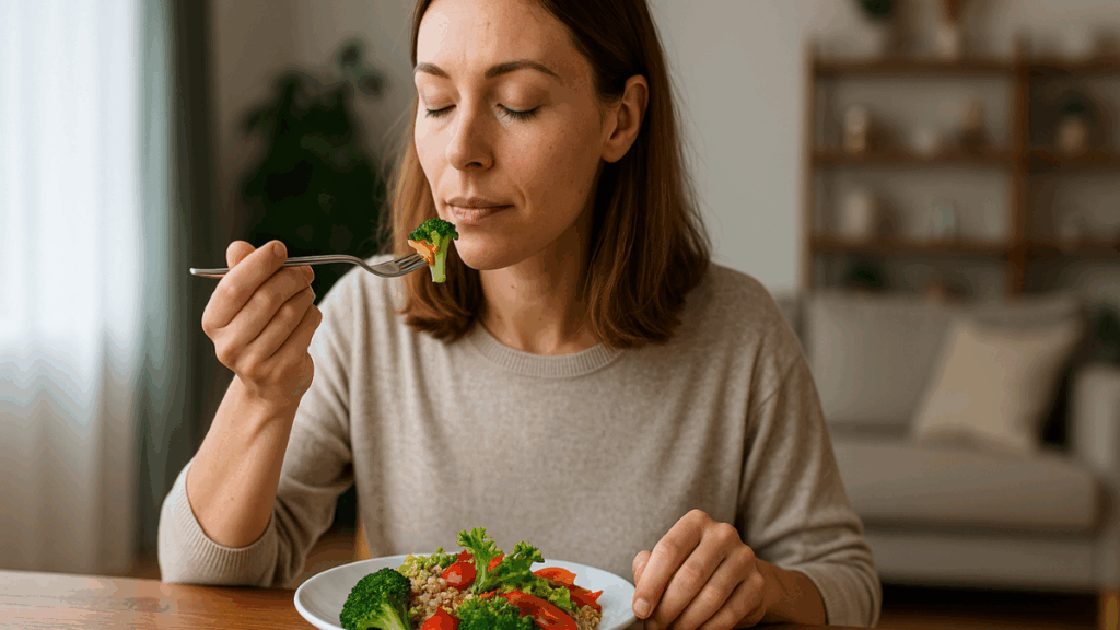 Mulher saboreando legumes com expressão calma e prato nutritivo à mesa