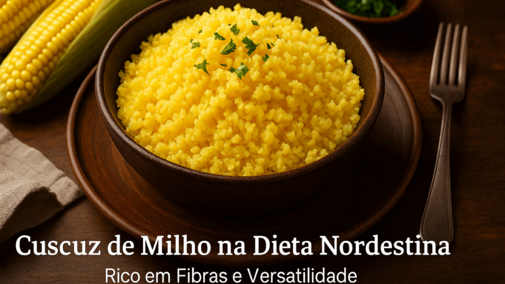 Cuscuz de milho em tigela rústica com grãos soltos e milho fresco ao lado