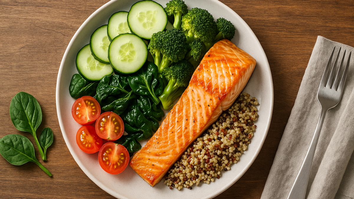 Prato antiestresse com salmão grelhado, vegetais frescos e quinoa