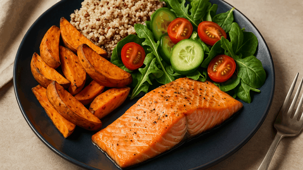 Prato antiestresse com salmão grelhado, batata-doce assada, salada e quinoa