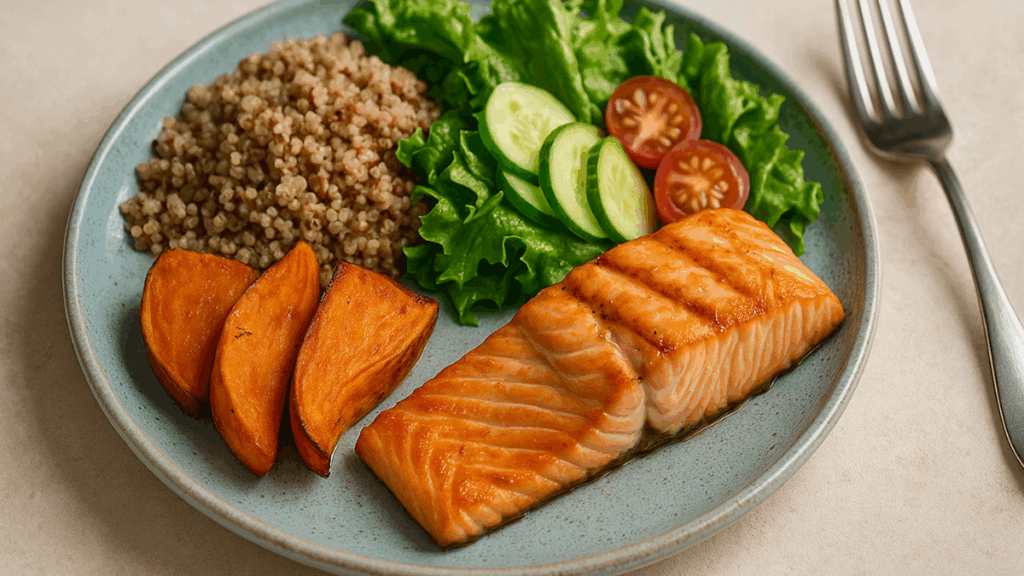  Prato saudável com salmão grelhado, quinoa, batata-doce e salada fresca