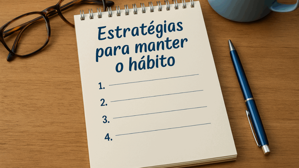 Caderno aberto com caneta e óculos sobre mesa de madeira