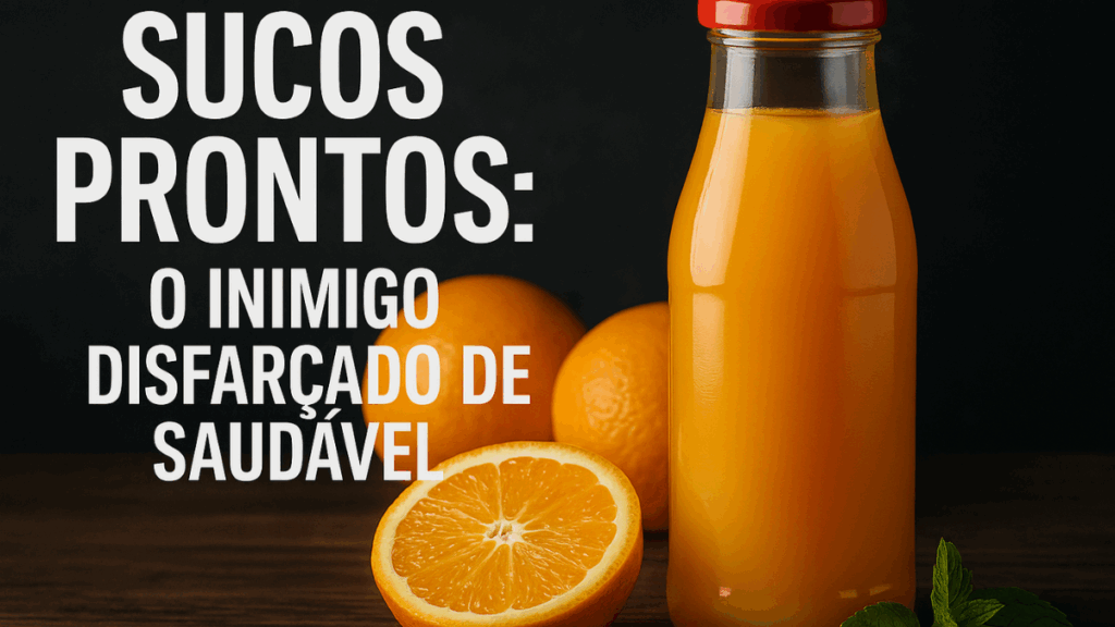 Foto realista em estilo capa de revista mostrando garrafa de suco de laranja com laranjas frescas e folhas de hortelã, representando sucos prontos.