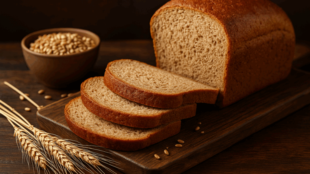 Foto realista em estilo capa de revista mostrando pão integral fatiado sobre tábua de madeira, com grãos de trigo e espigas decorativas.