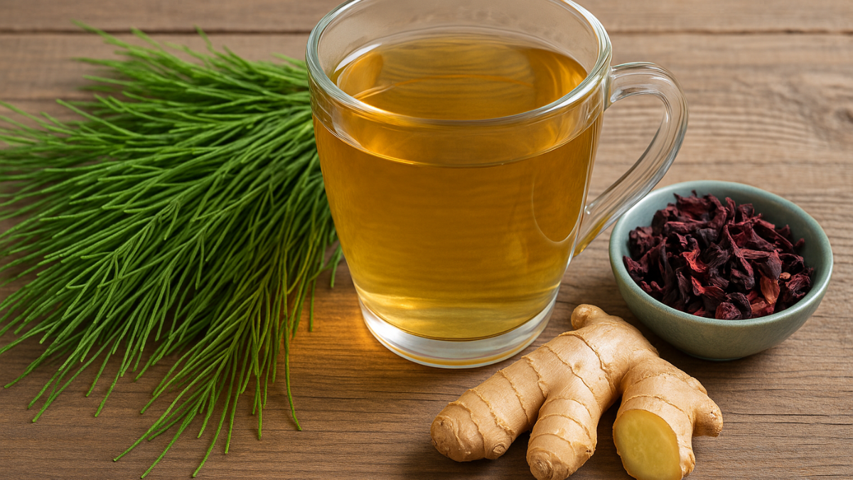 Xícara de chá de cavalinha em mesa rústica, acompanhada de hibisco seco, gengibre fresco e folhas de cavalinha.