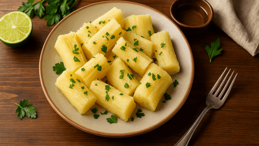 Macaxeira cozida servida com salsa fresca em prato rústico, vista superior