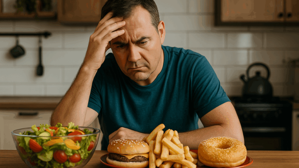 Imagem em alta resolução (1200x675px) mostrando um homem diante de um prato de fast food e uma salada, simbolizando o dilema entre escolhas saudáveis e prejudiciais.