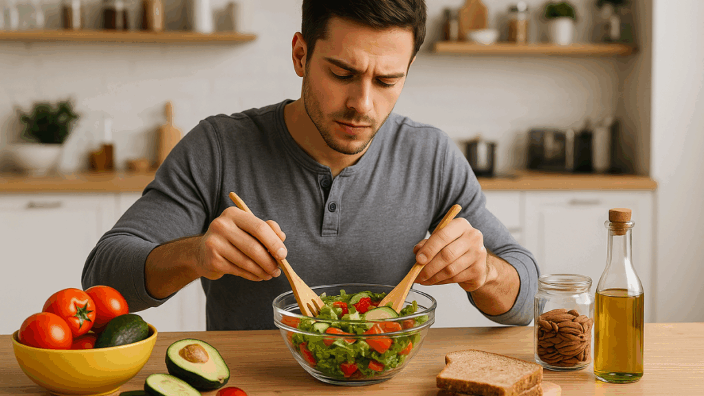 Foto realista em estilo capa de revista mostrando homem preparando salada fresca em cozinha moderna, com ingredientes saudáveis dispostos na bancada.