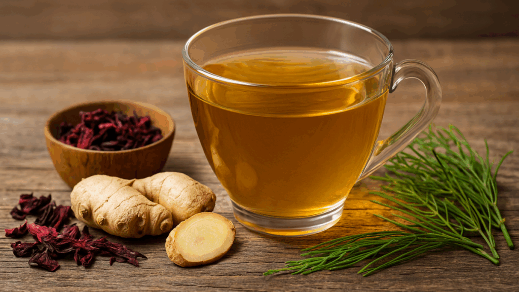 Xícara de chá de cavalinha recém-preparado sobre mesa rústica, acompanhada de gengibre fresco, hibisco seco e ramos da planta.