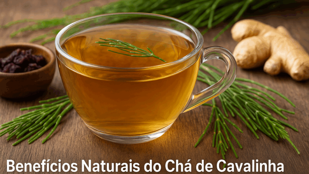 Xícara de chá de cavalinha em mesa rústica, acompanhada de folhas frescas e gengibre, representando benefícios para saúde.