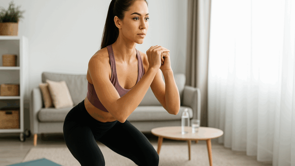Mulher praticando exercícios funcionais em casa para reduzir medidas.
