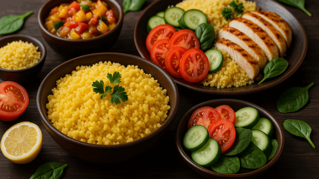 Pratos variados com cuscuz nordestino acompanhado de frango, legumes, ovo e vegetais frescos