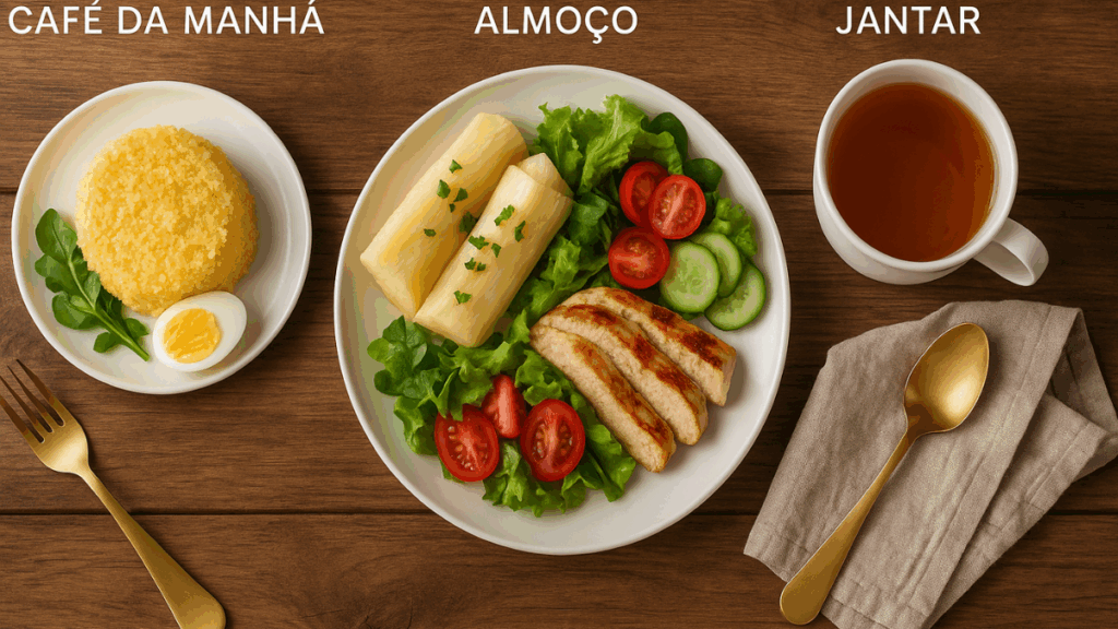 Refeições leves com macaxeira, cuscuz, ovo, frango e salada em pratos distribuídos sobre mesa de madeira