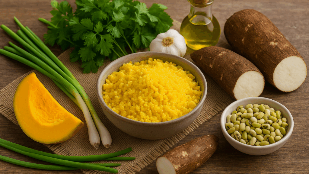 Ingredientes típicos da dieta nordestina como feijão verde, abóbora, macaxeira, coentro e cuscuz dispostos em bancada de madeira