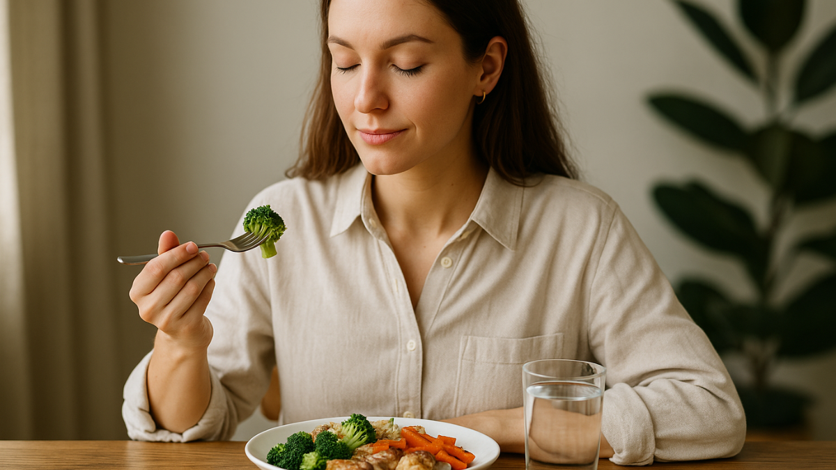 Jovem mulher com olhos fechados saboreando brócolis em prato saudável