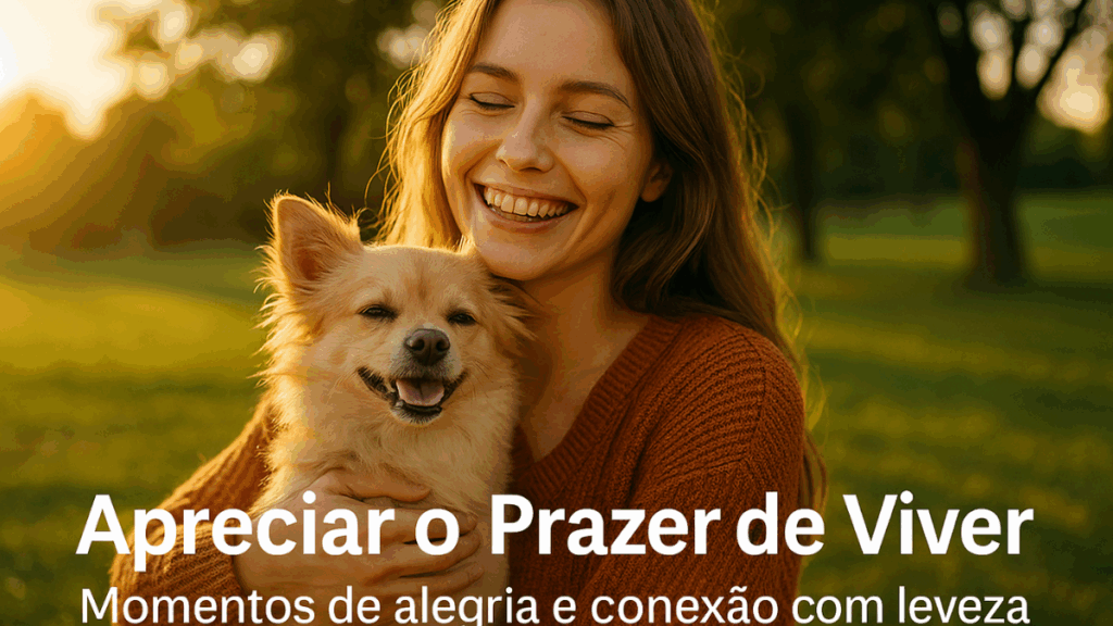 Mulher sorridente abraçando cachorro ao pôr do sol, transmitindo alegria e bem-estar