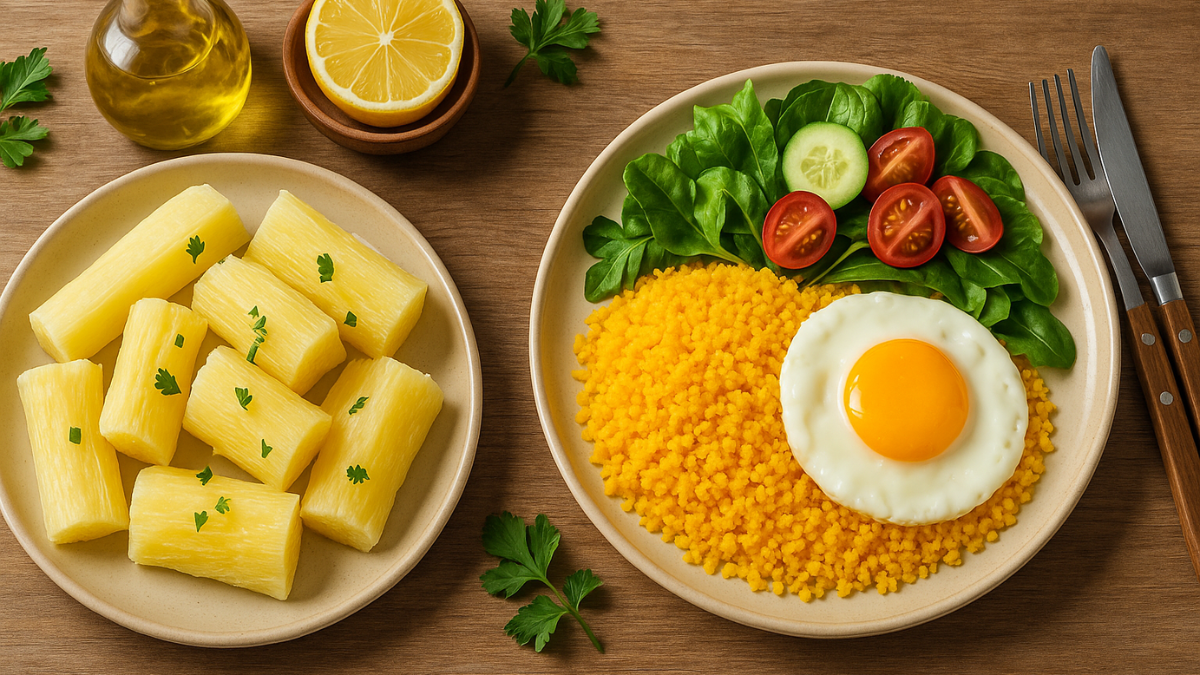 Prato típico da dieta nordestina com macaxeira cozida, cuscuz, ovo e salada natural