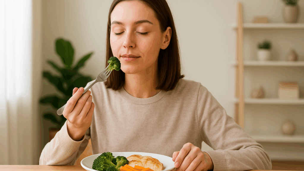 Mulher jovem com expressão serena segurando garfo com brócolis enquanto saboreia a refeição saudável