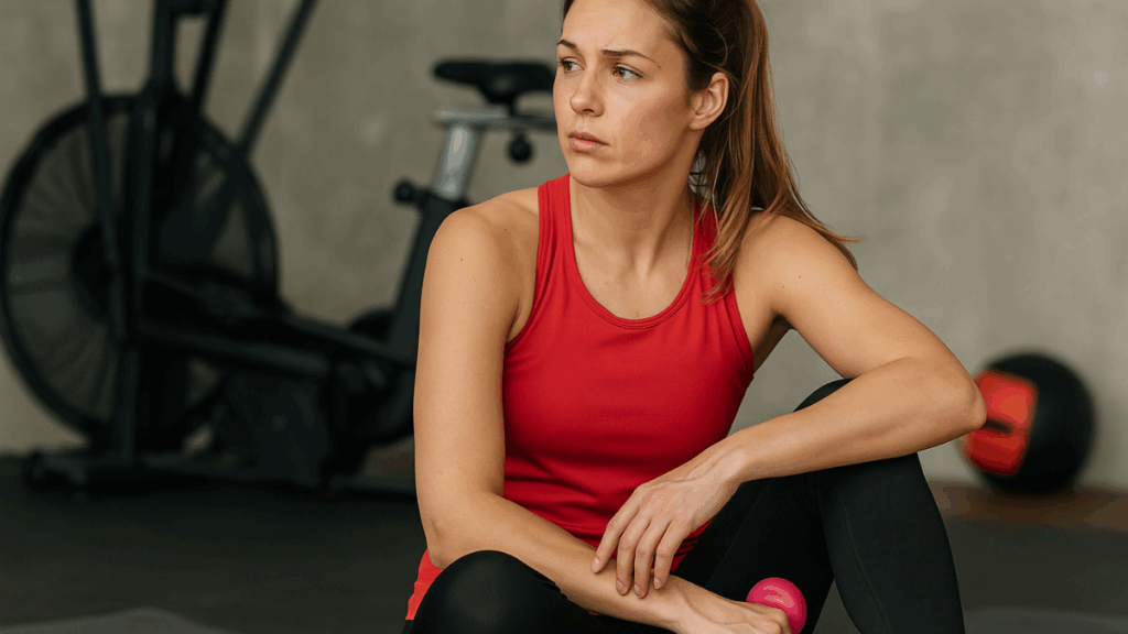 Mulher sentada em uma academia com expressão pensativa, segurando um halter cor-de-rosa.
