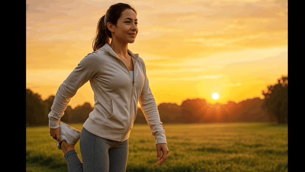 Mulher se alongando em parque ao amanhecer com céu dourado