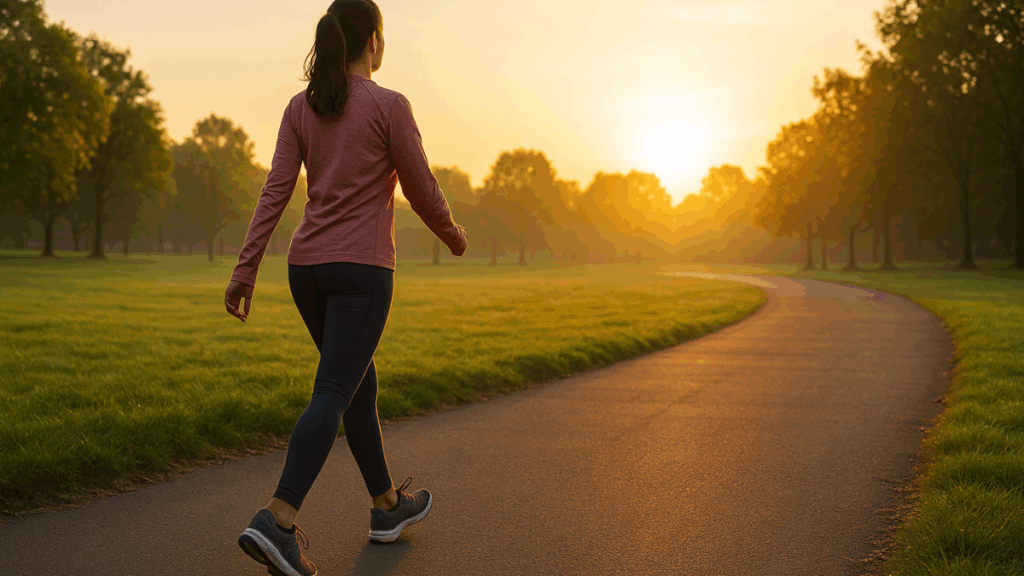Mulher caminhando em trilha pavimentada de parque ao amanhecer, cercada de árvores e grama verde