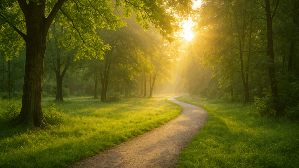 Trilha de cascalho cercada por árvores verdes, iluminada pelo sol da manhã