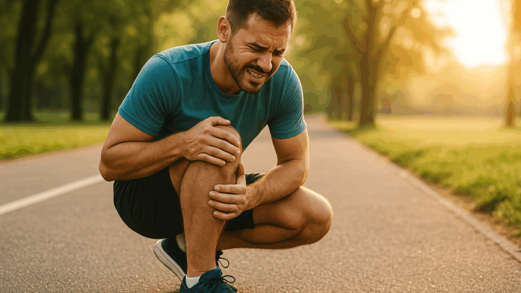 Homem agachado segurando o joelho com expressão de dor em pista ao ar livre