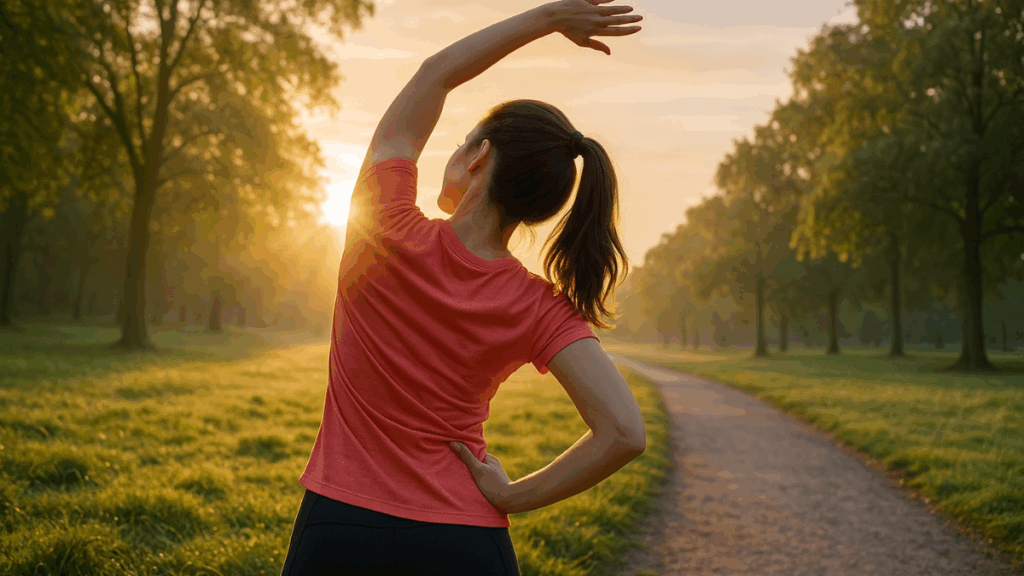 Mulher fit se alongando ao ar livre ao amanhecer para aumentar energia e disposição